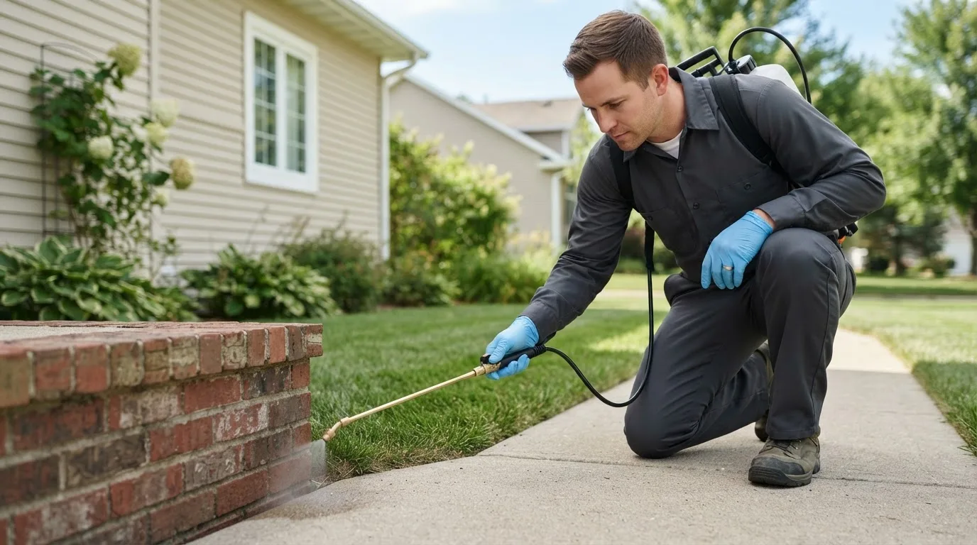 Pest control technician treating a home near Encino, TX